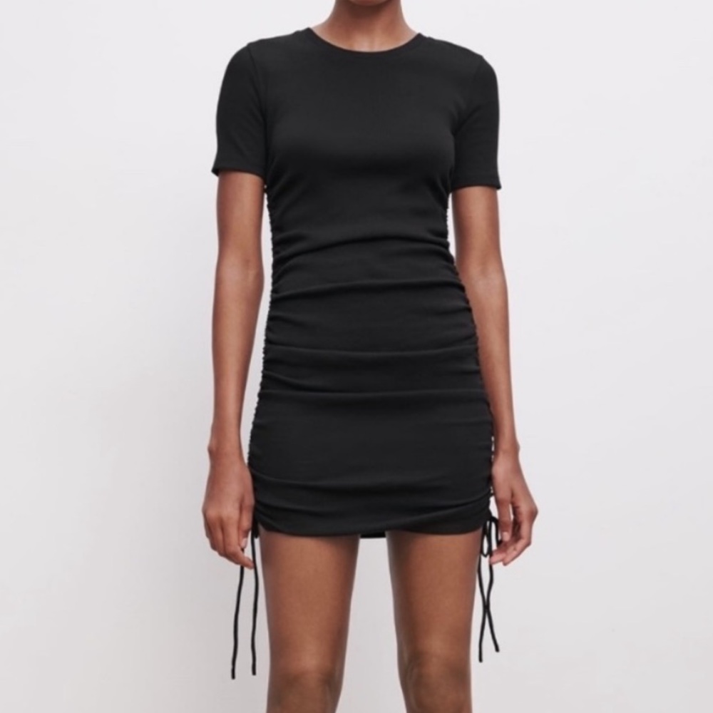 Zara Ruched Ribbed Dress - Black